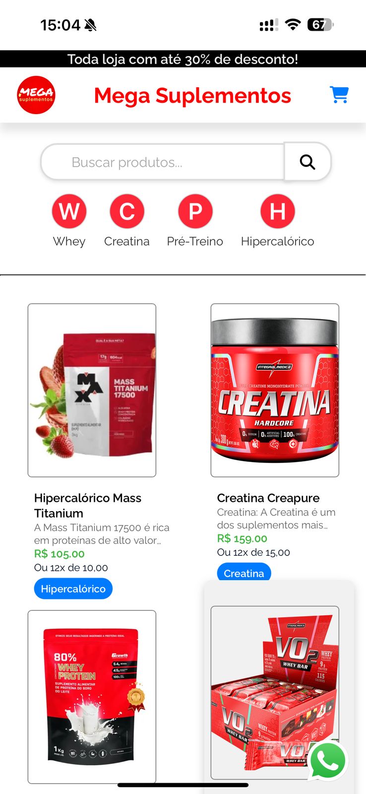 Exemplo de catálogo de loja de suplementos